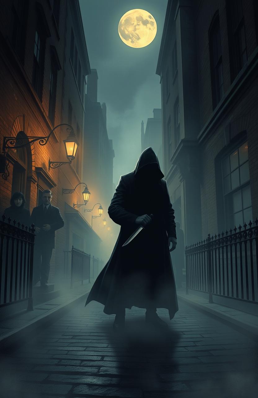 A haunting, atmospheric illustration depicting the infamous Jack the Ripper in a foggy Victorian London setting