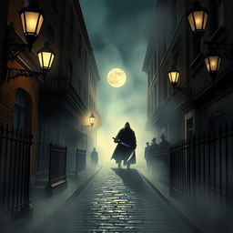 A haunting, atmospheric illustration depicting the infamous Jack the Ripper in a foggy Victorian London setting
