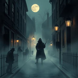 A haunting, atmospheric illustration depicting the infamous Jack the Ripper in a foggy Victorian London setting