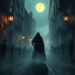 A haunting, atmospheric illustration depicting the infamous Jack the Ripper in a foggy Victorian London setting