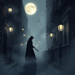 A haunting, atmospheric illustration depicting the infamous Jack the Ripper in a foggy Victorian London setting