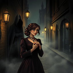 A dramatic and emotional illustration capturing the essence of love intertwined with mystery in Victorian London