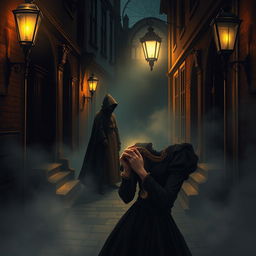 A dramatic and emotional illustration capturing the essence of love intertwined with mystery in Victorian London
