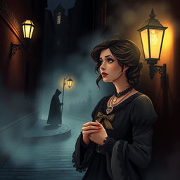 A dramatic and emotional illustration capturing the essence of love intertwined with mystery in Victorian London