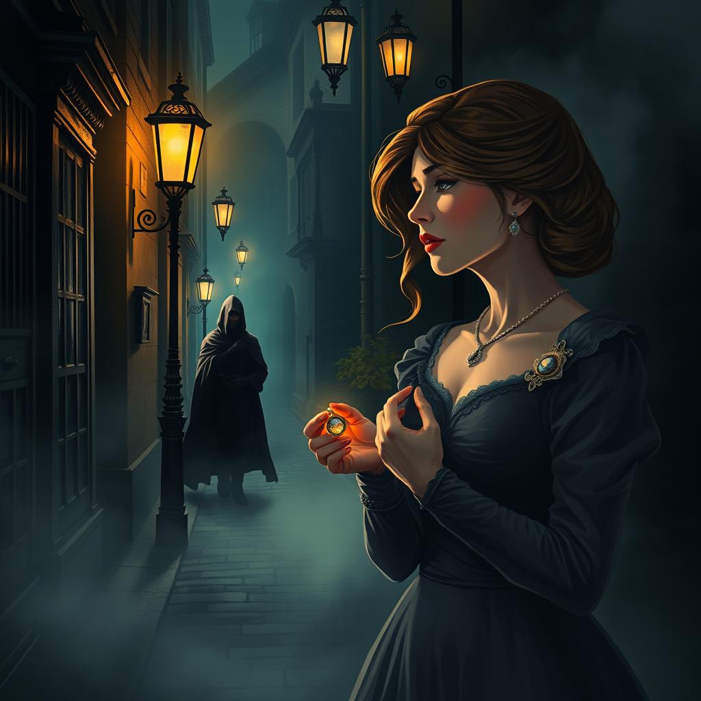 A dramatic and emotional illustration capturing the essence of love intertwined with mystery in Victorian London