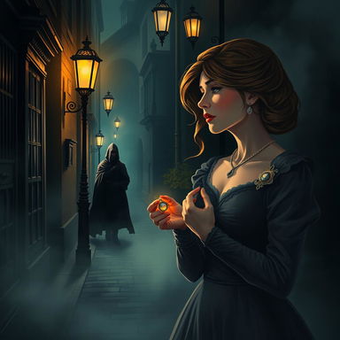 A dramatic and emotional illustration capturing the essence of love intertwined with mystery in Victorian London
