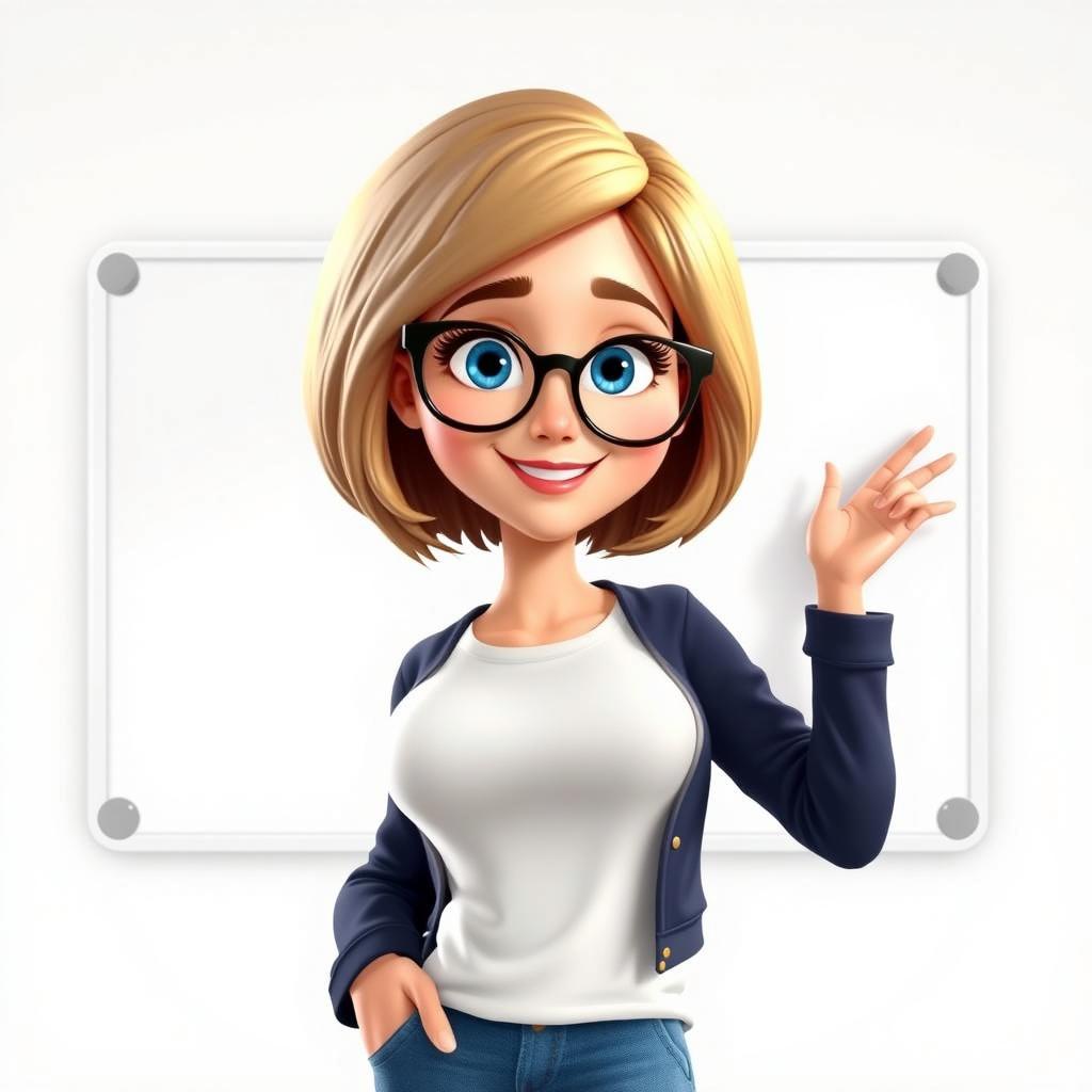 A cheerful, cartoon-style young woman with fair highlighted blonde hair
