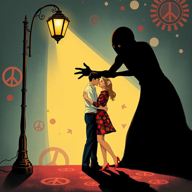 A surreal and eerie 1960s-inspired illustration depicting a creepy shadow figure embodying the concept of love and loss