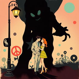 A surreal and eerie 1960s-inspired illustration depicting a creepy shadow figure embodying the concept of love and loss