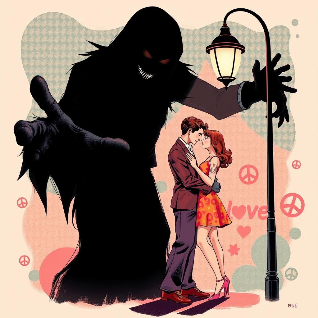 A surreal and eerie 1960s-inspired illustration depicting a creepy shadow figure embodying the concept of love and loss