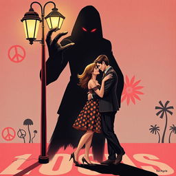 A surreal and eerie 1960s-inspired illustration depicting a creepy shadow figure embodying the concept of love and loss
