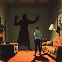A chilling 1960s horror-inspired illustration showcasing a creepy shadow extending menacingly toward a terrified couple