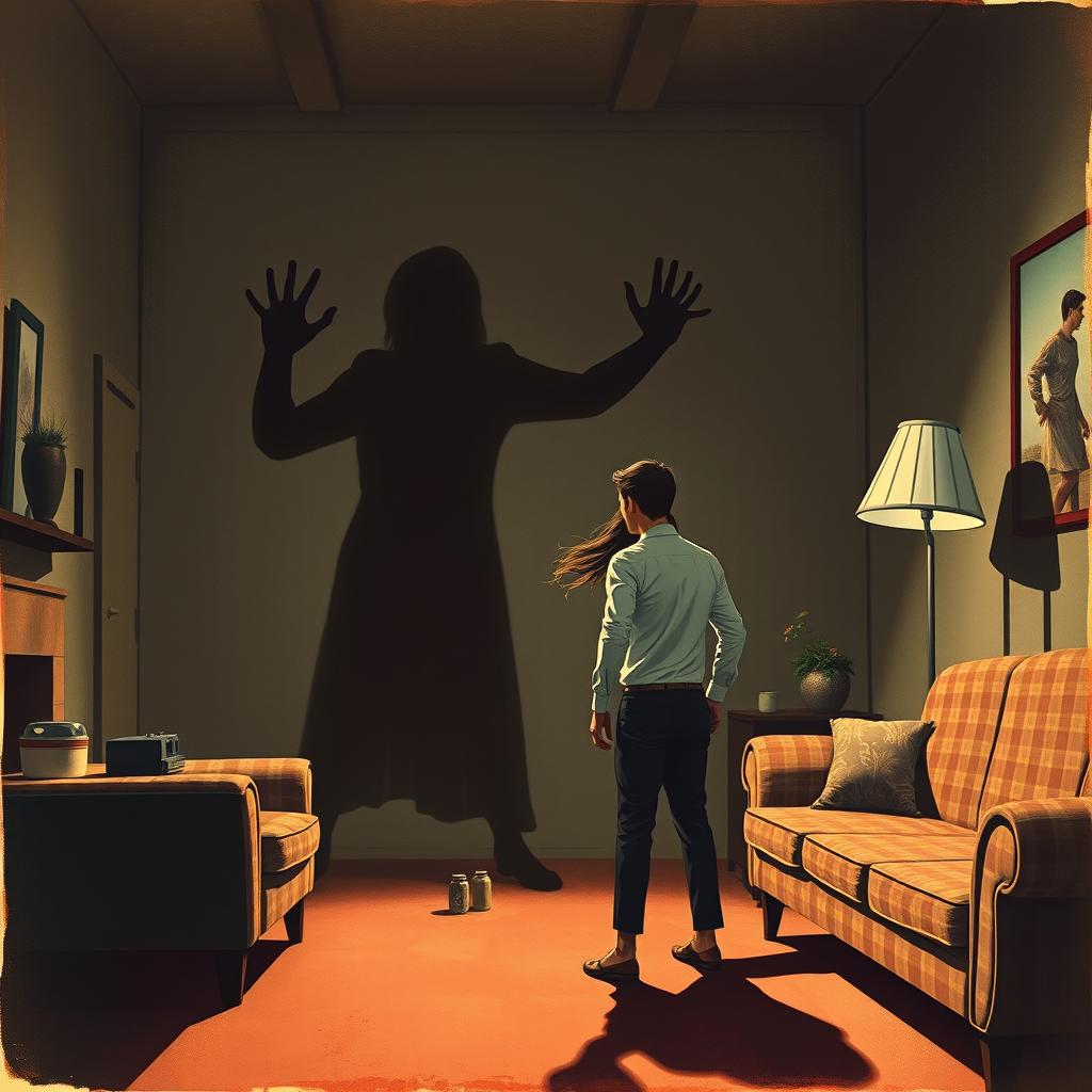 A chilling 1960s horror-inspired illustration showcasing a creepy shadow extending menacingly toward a terrified couple
