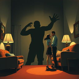 A chilling 1960s horror-inspired illustration showcasing a creepy shadow extending menacingly toward a terrified couple