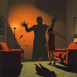 A chilling 1960s horror-inspired illustration showcasing a creepy shadow extending menacingly toward a terrified couple