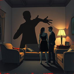 A chilling 1960s horror-inspired illustration showcasing a creepy shadow extending menacingly toward a terrified couple