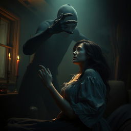 A realistic and terrifying portrayal of a creepy shadow reaching out to take a beloved figure away