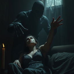 A realistic and terrifying portrayal of a creepy shadow reaching out to take a beloved figure away