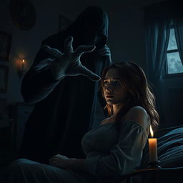 A realistic and terrifying portrayal of a creepy shadow reaching out to take a beloved figure away