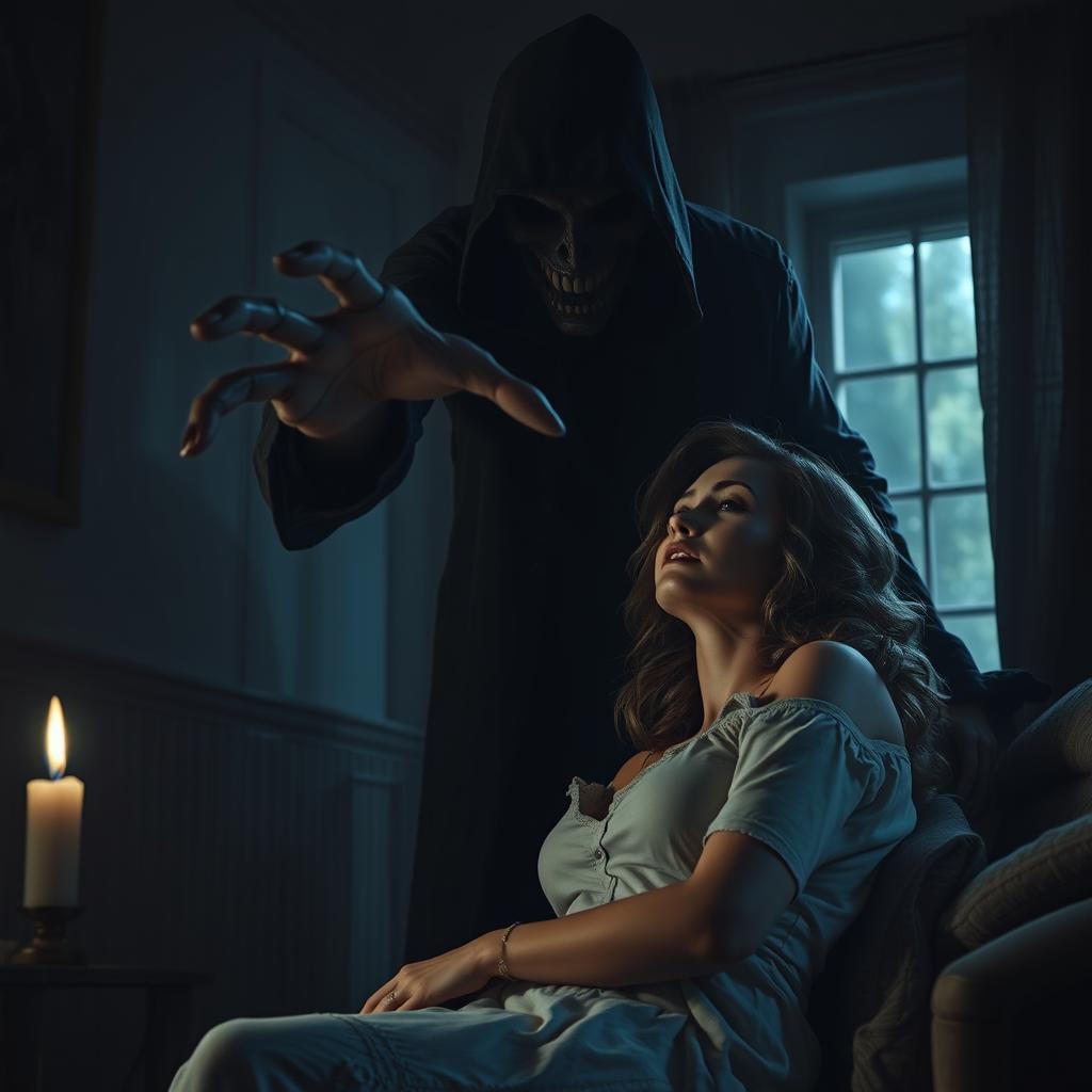 A realistic and terrifying portrayal of a creepy shadow reaching out to take a beloved figure away