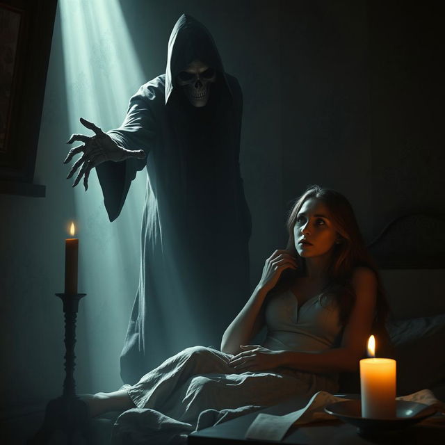 A realistic horror scene depicting a creepy shadow representing the Grim Reaper reaching out to take a beloved figure away from their partner
