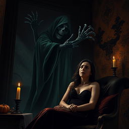 A realistic horror scene depicting a creepy shadow representing the Grim Reaper reaching out to take a beloved figure away from their partner