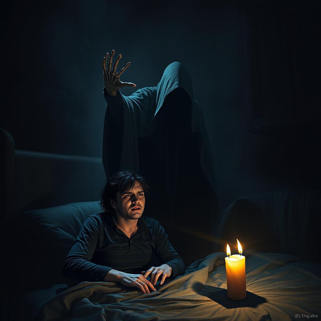 A realistic horror scene depicting a creepy shadow representing the Grim Reaper reaching out to take a beloved figure away from their partner