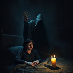 A realistic horror scene depicting a creepy shadow representing the Grim Reaper reaching out to take a beloved figure away from their partner