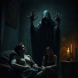 A realistic horror scene depicting a creepy shadow representing the Grim Reaper reaching out to take a beloved figure away from their partner