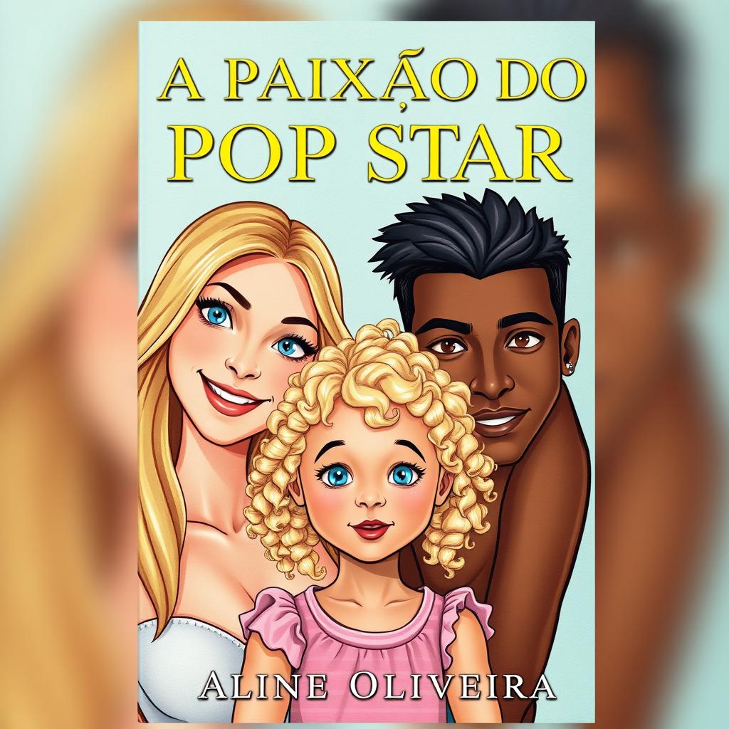 A book cover illustration featuring three main characters: a beautiful 18-year-old blonde woman with long hair, a sweet smile, and bright blue eyes