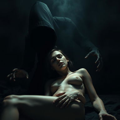 A highly realistic and unsettling scene depicting a creepy shadow attempting to steal away a naked woman