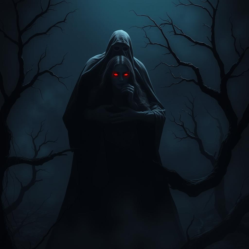 A terrifying horror scene where a shadowy figure is stealing a woman in a dark, eerie setting