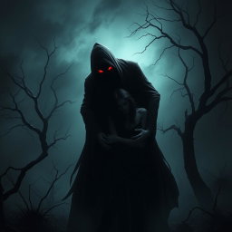 A terrifying horror scene where a shadowy figure is stealing a woman in a dark, eerie setting