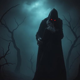 A terrifying horror scene where a shadowy figure is stealing a woman in a dark, eerie setting