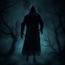A terrifying horror scene where a shadowy figure is stealing a woman in a dark, eerie setting