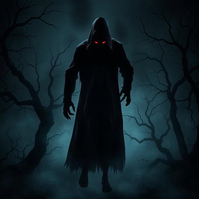A terrifying horror scene where a shadowy figure is stealing a woman in a dark, eerie setting