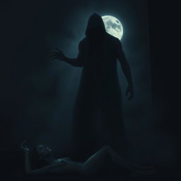 A dark and eerie scene depicting a terrifying shadow looming over a naked woman, who appears frightened and vulnerable