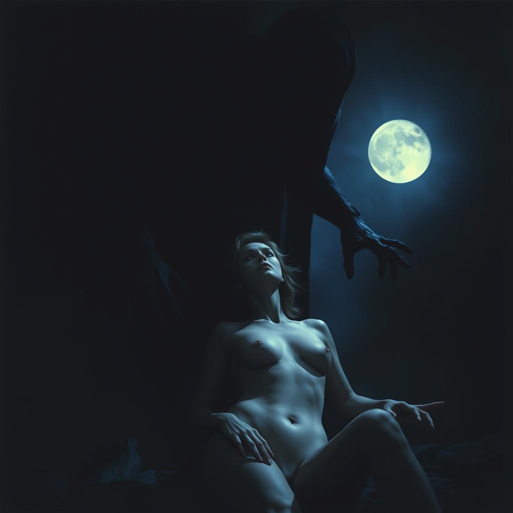 A dark and eerie scene depicting a terrifying shadow looming over a naked woman, who appears frightened and vulnerable