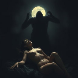 A dark and eerie scene depicting a terrifying shadow looming over a naked woman, who appears frightened and vulnerable