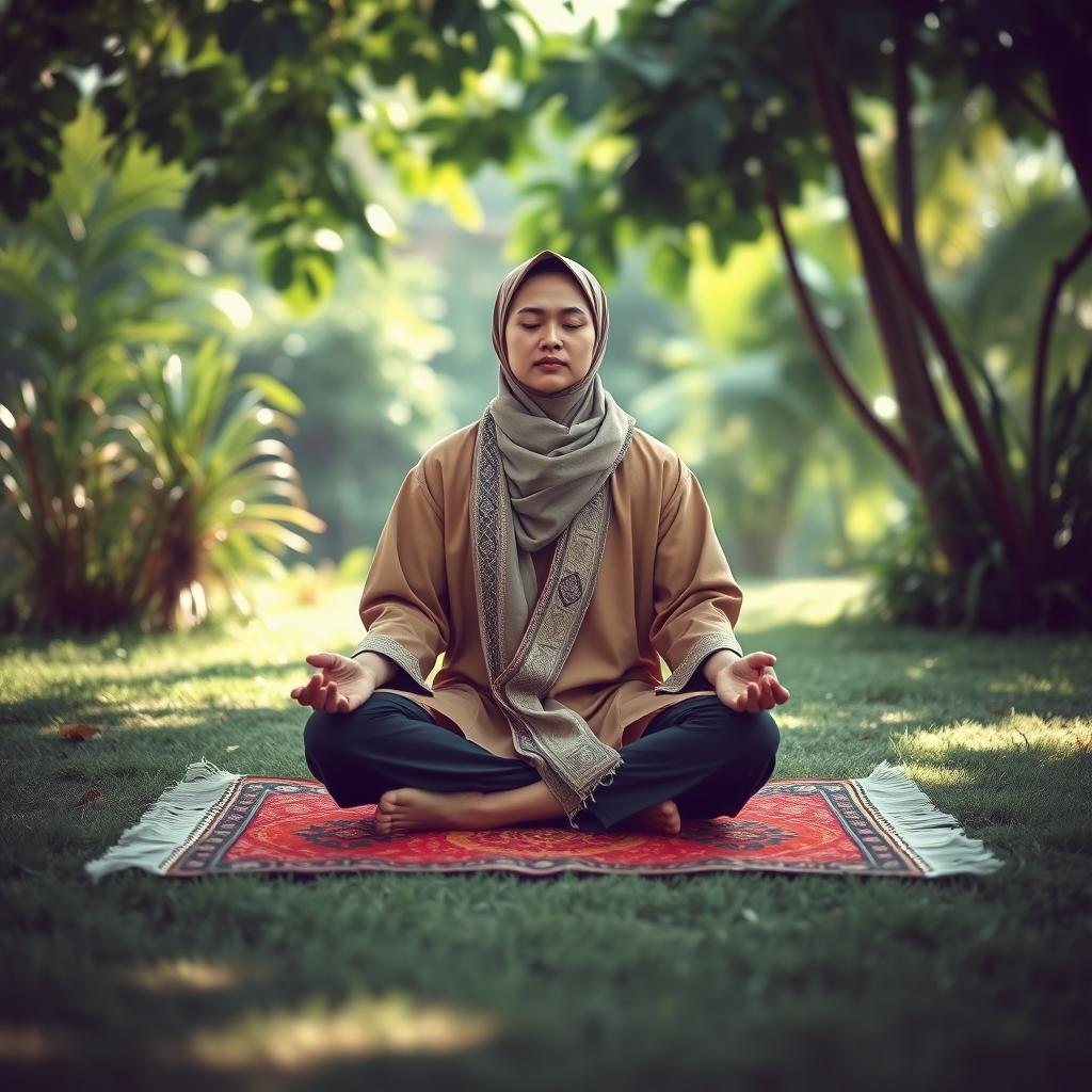 A serene scene depicting an individual meditating on a colorful prayer rug, wearing a traditional sarung and a kopiah