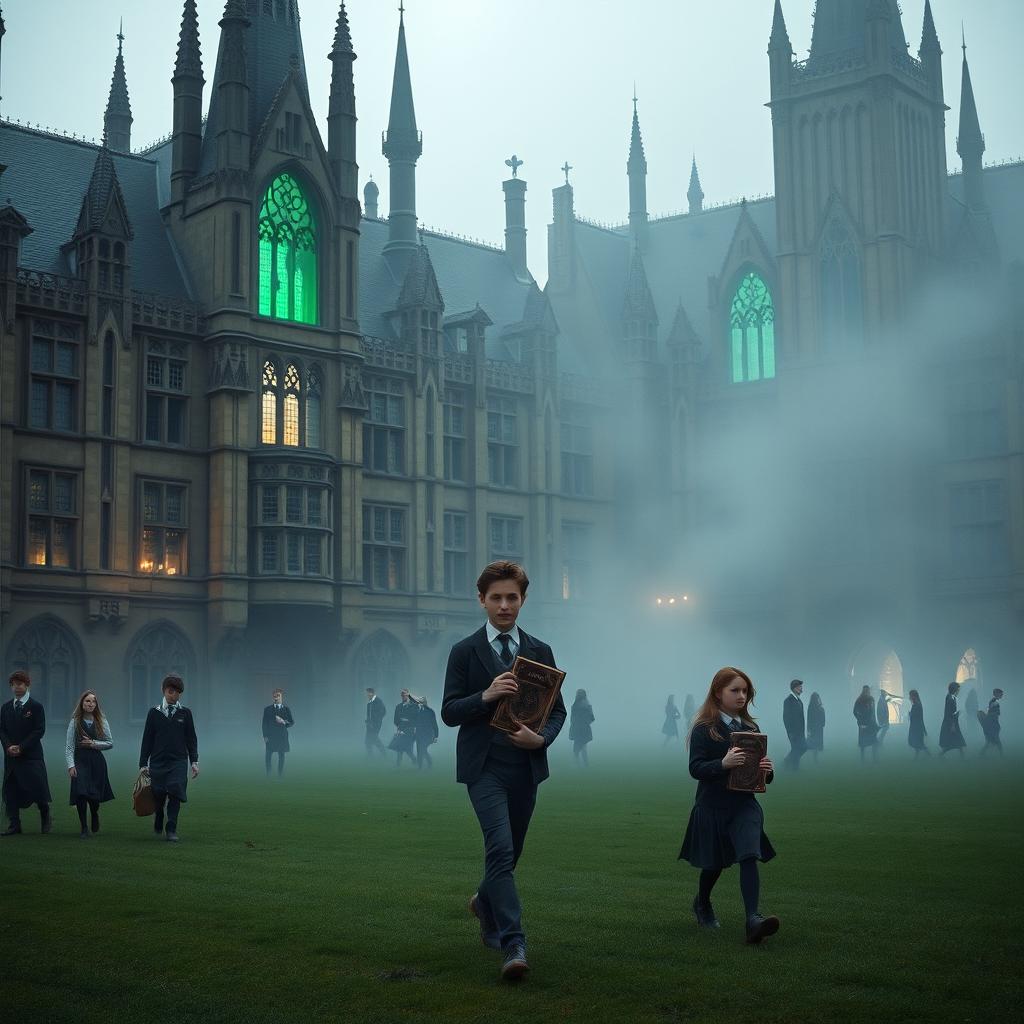 A sprawling boarding school featuring intricate gothic architecture, showcasing towering spires and arched windows