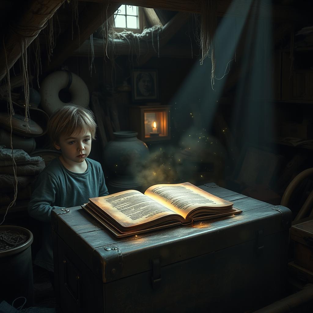 A dusty attic filled with cobwebs and old, forgotten items, where an antique leather-bound diary lies open on a weathered wooden chest