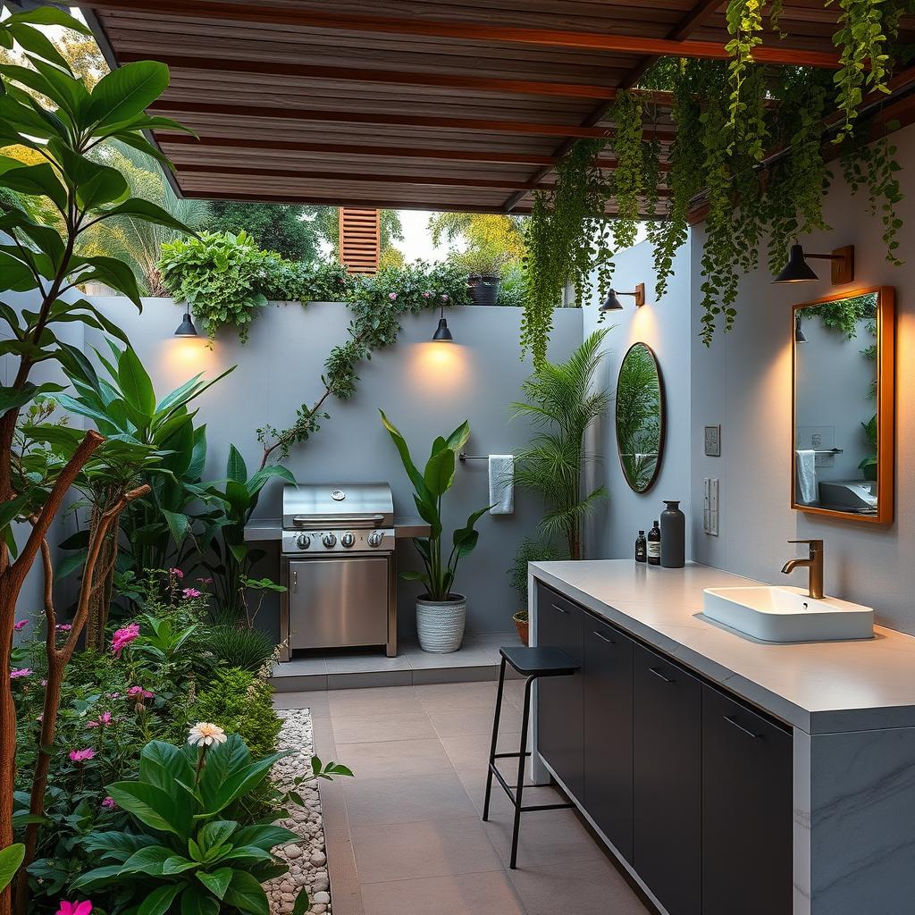 A beautiful terrace with a modern outdoor kitchen and a stylish bathroom area