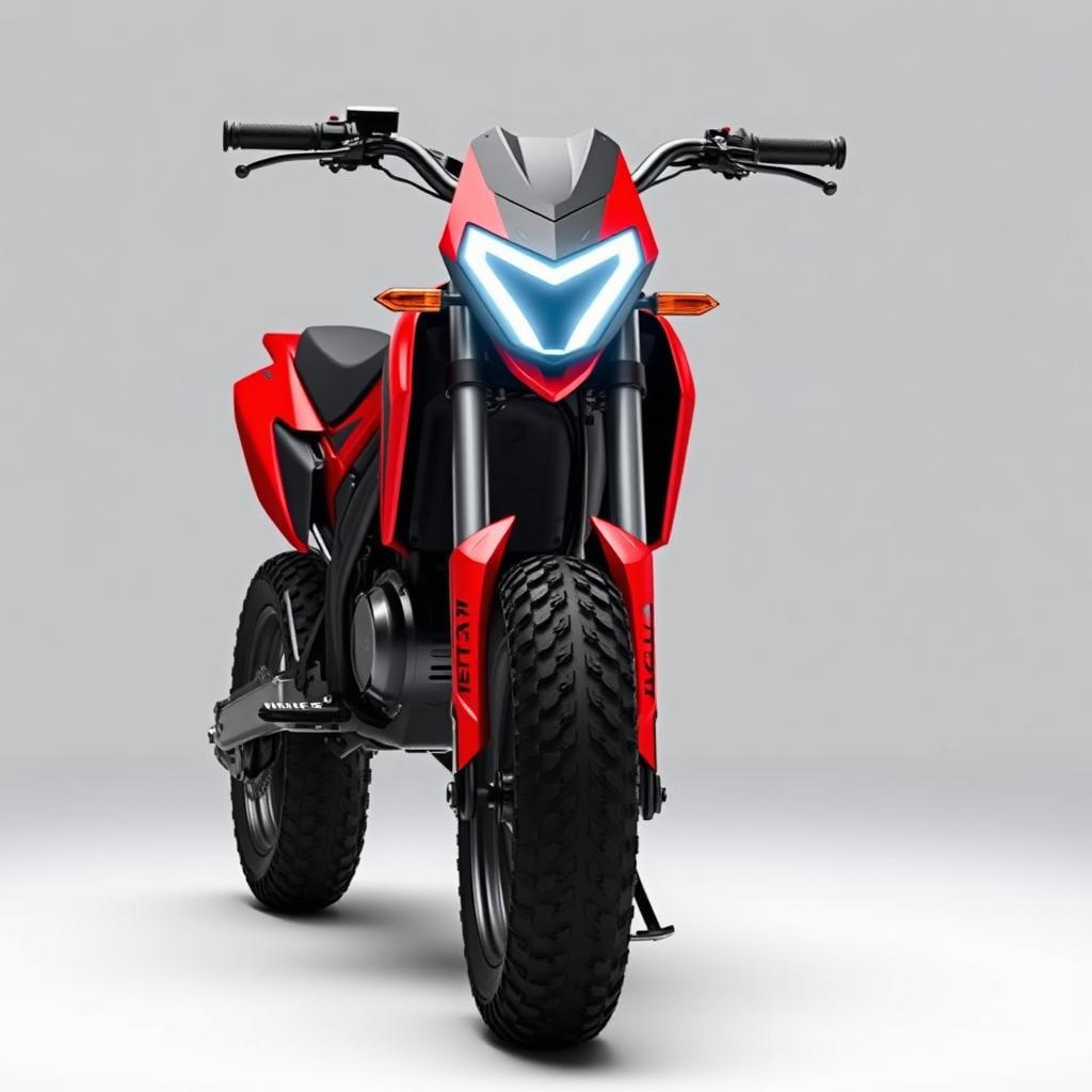 A unique and innovative electric pit bike featuring sharp edges and a sleek, strict style in black and red colors