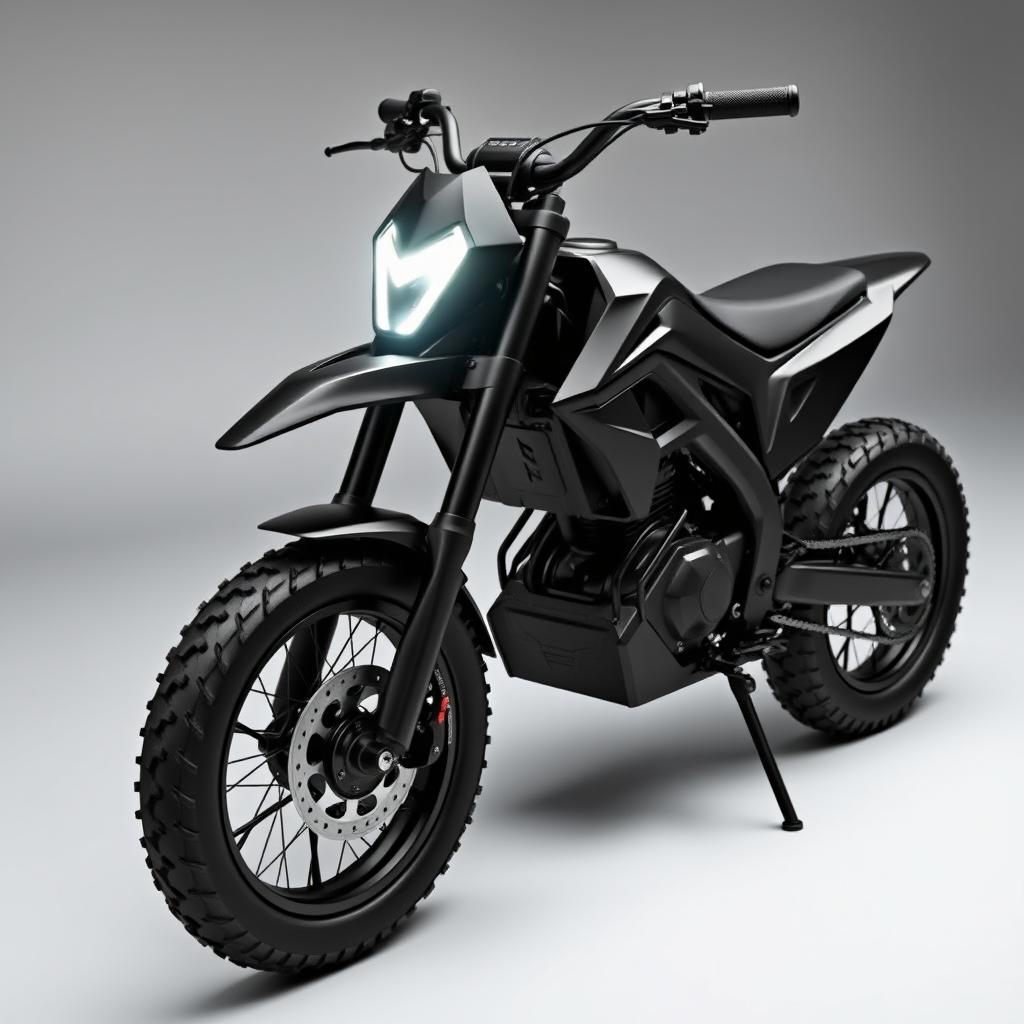 A unique and innovative electric pit bike featuring sharp edges and a strict style in solid black color