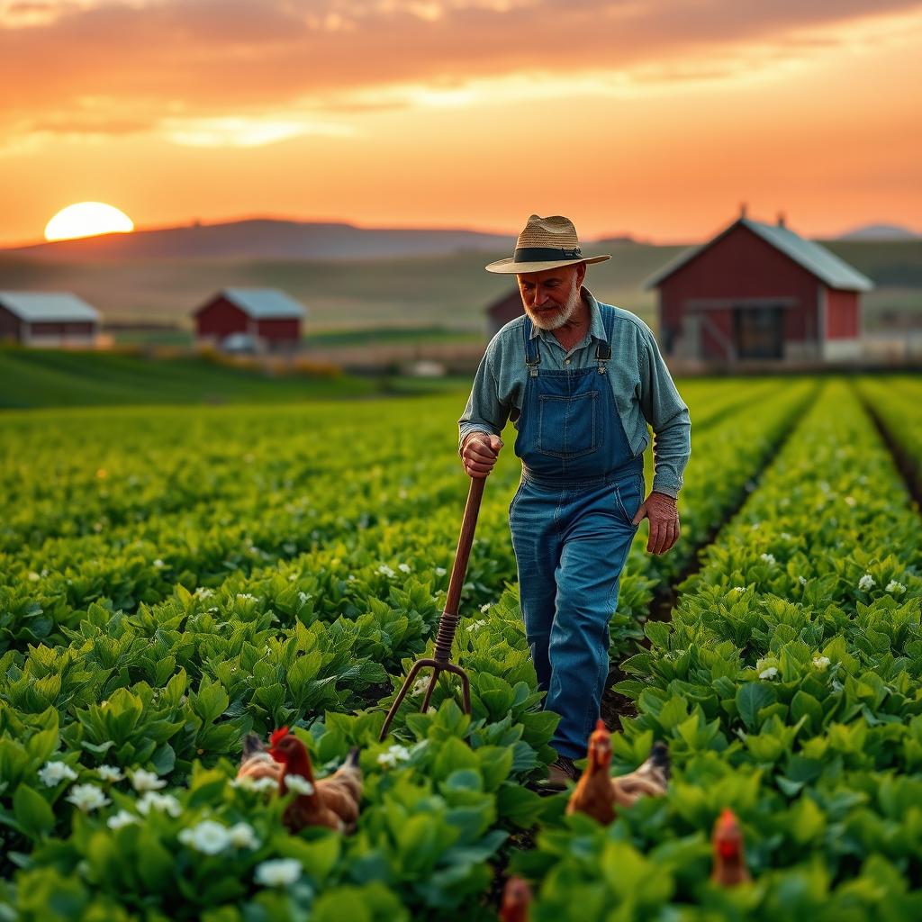 A serene countryside scene depicting a farmer tending to a vibrant green field during golden hour
