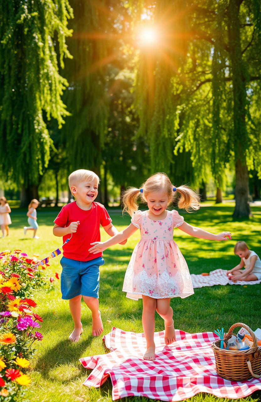 A whimsical scene of a young boy and a girl playing in a sunny park, surrounded by colorful flowers and tall green trees