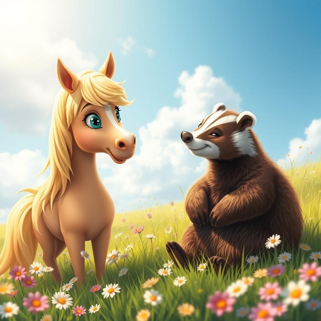 A whimsical scene depicting Melinda, a beautiful blonde female horse, playfully gazing at Bence, a charming male badger