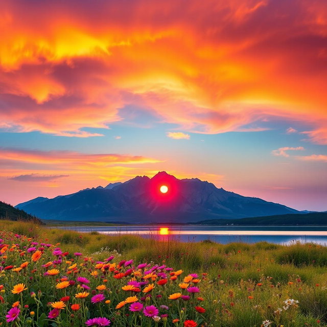A beautiful landscape featuring a majestic mountain range under a vibrant sunset