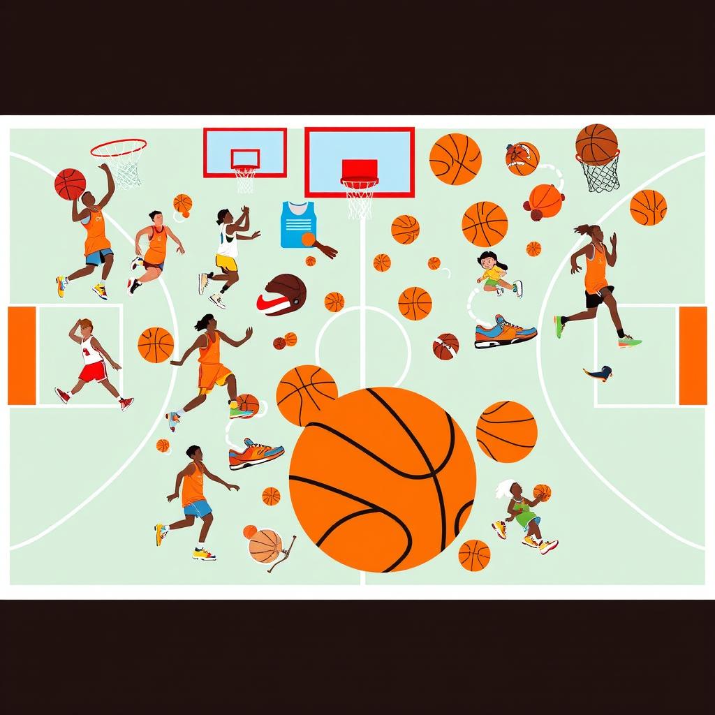 A vibrant collage of various basketball-related clipart images, including basketballs, hoops, players in action, sneakers, jerseys, and court layouts